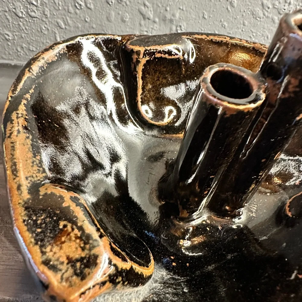 Vintage signed glazed brown ceramic flower frog